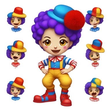 JoJo Tickle (Jojo's circus) female clown white skin, clown red nose, red hair, short hair, blue barret with covered red pompom, yellow shirt with covered paint splatters purple and blue pattern, red pants with orange stripes and white red big shoes sticker