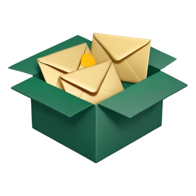 3D minimal open box with multiple envelopes floating out of it, matte finish, deep green (#0B3D2C) box, cream white (#F5F5DC) envelopes, subtle gold (#C9B037) accents, Apple style, ultra sleek, soft shadow, transparent background sticker