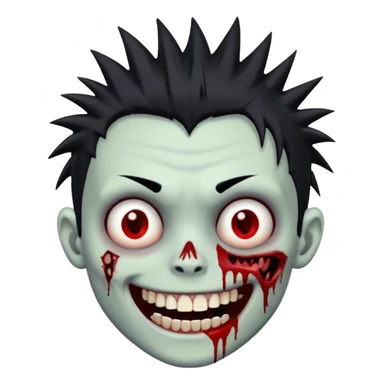 zombie boy with emo spiky hair, white skin, and white eyes; an open smile, and bloodied teeth; sticker