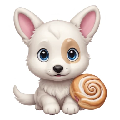 a shy but friendly white puppy with long ears that let him fly, blue eyes, pink cheeks, and a tail shaped like a cinnamon roll sticker