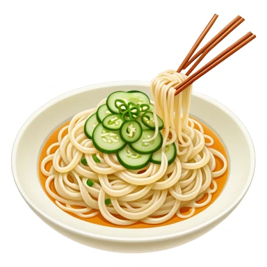 Liangpi Cold Skin Noodles with julienned cucumber and sesame sauce, simplified emoji style with bold outlines and bright colors, cartoon style Shaanxi cold appetizer sticker