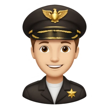 A light-skinned man with short brown hair, brown eyes, and a cheerful smile, wearing a dark pilot cap with a gold emblem. sticker