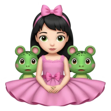 princess frog on bed pink bow with a pink dress cute girly pop black hair short baby bangs sticker