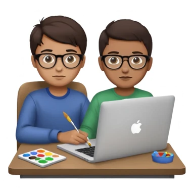 boy working in Macbook, he is graphic designer and paint artist, he seats facing me, and hair dark brown color sticker