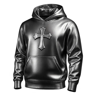 hoodie with a chrome cross emblem on the chest, 3D metallic look, simple background sticker