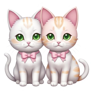 Two cute anime cats, the first cat is white with green eyes, the second is light pink with brown eyes and a bow on his head, high quality, a masterpiece sticker