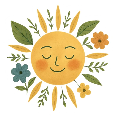 yellow face with sun rays, nature theme, digital illustration sticker