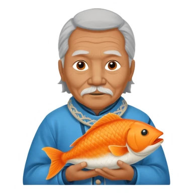 old inuit man with traditional inuit clothes and orange fish sticker