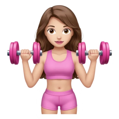 girl with wavy long brown hair, brown eyes, light to medium complexion, long lashes, light pink lipstick, wearing light pink shirt, lifting a pink dumbbells in a shorts top sticker
