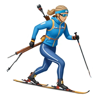 An icon featuring a biathlete in motion, holding a rifle and skiing across a snowy course. The backdrop includes snow-covered trees, distant mountains, and a clear blue sky. Transparent background highlights the precision, endurance, and excitement of biathlon. sticker