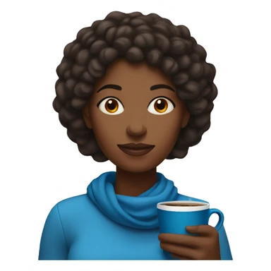 black woman holding a blue mug of coffee with a cozy expression sticker