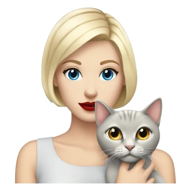 blonde girl with short hair blue eyes long eylashes and red lipstick holding a grey cat sticker