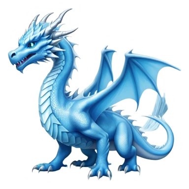 Cinematic Noble wise elegant Ice Dragon full body  Emoji, Poised and imposing, distinct long elegant snout, with a slender, scaled body shimmering in glacial hues of icy blue, frostbitten silver, and crystalline white, breathing out frost, with piercing, glowing ice blue white eyes that radiate the chilling depths of an arctic storm; rendered in detail. excuding wisdom sticker