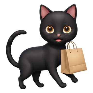 A cute black cat emoji in Apple-style, shown in side view like 🏃, running on four legs with a shopping bag in its mouth. Smooth gradients, soft shading, rounded features, and cheerful mood. sticker