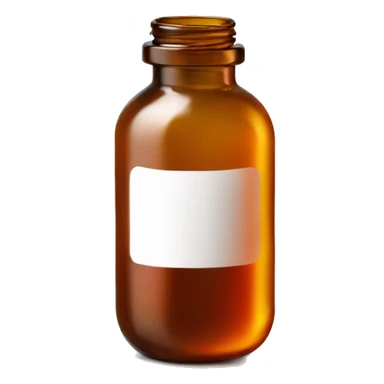 Singular Amber colored pill bottle with a plain white label filled halfway with liquid sticker