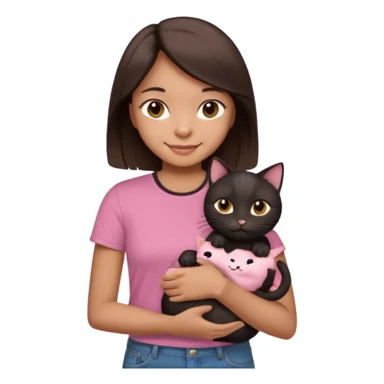 As una chica con piel marron claro con el pelo  medio largo color marron oscuro que tenga la chica una camiseta rosada mangas cortas con un jean claro que tenga ojos marrones la chica que la chica este sonriendo mientras sostiene entre sus brazos 1 gato negro gordito. sticker
