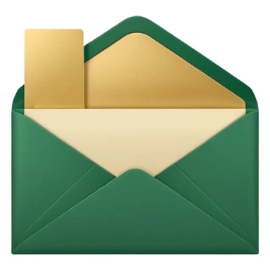 3D minimal open envelope with paper sliding out, matte finish, deep green (#0B3D2C) envelope, cream (#F5F5DC) paper, subtle gold (#C9B037) edge, Apple style, ultra clean, soft shadow, transparent background sticker