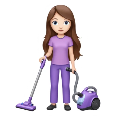 beautiful girl with long brown hair, blue eyes and wearing light purple clothes, cleaning and vacuuming sticker
