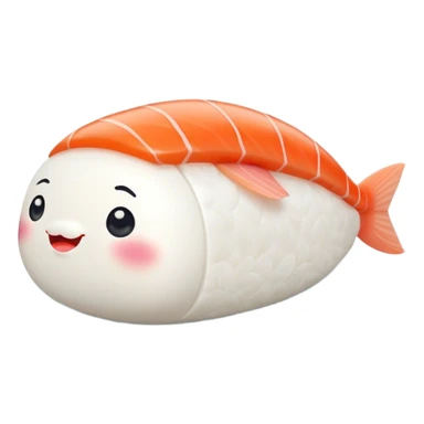 Cute Kawaii Nigiri Sushi, plump and happy, a soft white rice pillow topped with bright orange salmon, tiny blushing cheeks, big round eyes, a joyful floating expression! sticker