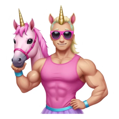 friendly anthropomorphised masculine unicorn with horse-like face, muscular bodybuilder build, in tutu and pink t-shirt, wearing dark sunglasses, relaxed pose, close-crop head and shoulders portrait sticker