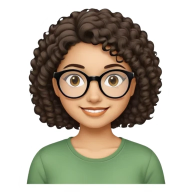 Young Latina woman with light brown skin. Round friendly face. Dark brown eyes with black-framed glasses. Thick arched eyebrows. Short voluminous curly hair. Big smile showing dimples. Wearing a green casual top. sticker