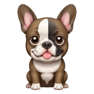 create A simple, cartoony emoji design of a French Bulldog with a dark brindle coat and a white chest, large upright ears, and a friendly expression. The style should resemble an Apple iOS emoji, with clean lines, minimal details, and a plain background. sticker