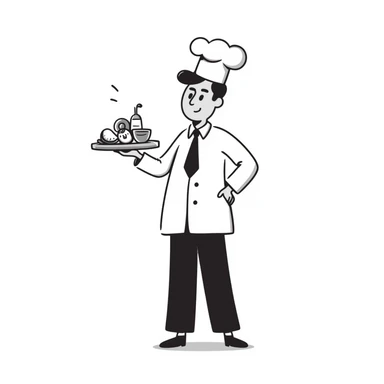 Chef in business attire with chef hat, confidently selling food products sticker