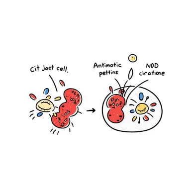 Anatomical diagram of antimicrobial mechanism: red bacteria with labeled parts (cell wall, membrane, DNA) surrounded by yellow antibiotic molecules and blue antimicrobial peptides breaking through cell structures. Hand-drawn scientific illustration with detailed cross-section view. sticker
