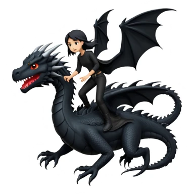 Extreme huge black dragon flying with a small female rider on top of it with black clothes sticker