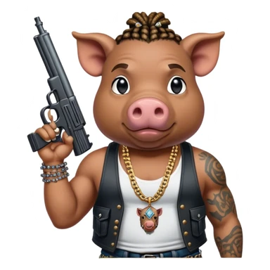 african-american race pig with dreads looking gangster with gun and tank top, with diamond blinging chain, with tattoos sticker