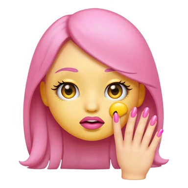 Cute shy emoji with long lashes, big pouty lips, pink nails, black background, same style as original emoji, not human sticker