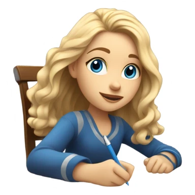 White Smart girl with blue eyes and light skin doing Homework on a desk writing on a piece of paper  sticker