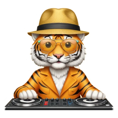 Un tigre con sombrero estilo cubano, una mesa de dj y gafas de sol sticker