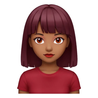 beautiful girl with dark maroon medium hair, straight bangs and red bando, red eyes and brown tshirt  sticker