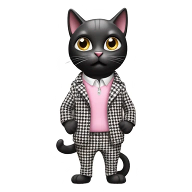 Draw a cute cartoon black cat standing in a stylish black and white houndstooth jacket and light pink pants. The cat has a surprised or concerned expression with wide-open eyes and a downturned mouth against a white background. sticker