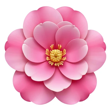 camellia flower, flat design, 5 layered pink petals with soft gradient, golden stamen in center, minimal outline, clean circular shape, pastel colors sticker