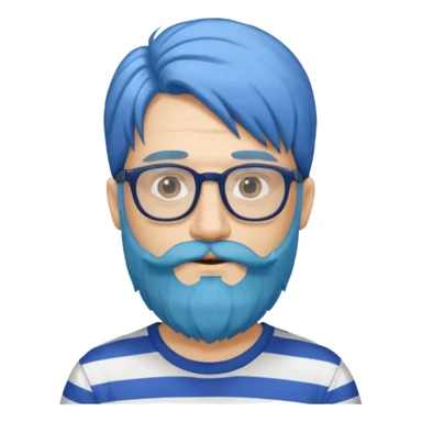 man with long blue hair, glasses, and a long beard and wearing a striped t-shirt sticker