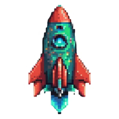 rocket ship with green to red gradient, pixel art style sticker