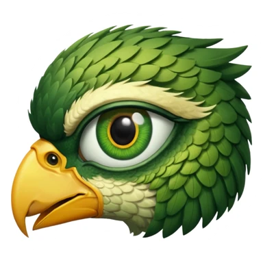 close up of just the eye and nothing else at the side profile of the face of a green hawk that is looking away from the camera on white background sticker