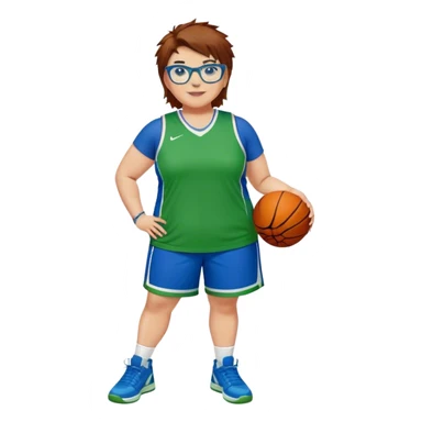 Full Body plus size white female basketball player with short medium brown hair with carmel highlights spikey hair wearing blue glasses 
 wide nose wearing blue green uniform  green sneakers smiling wearing earrings sticker