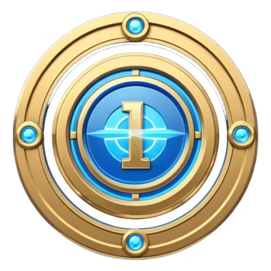 Futuristic anniversary medal badge, circular emblem with embossed Roman numeral I, metallic gold finish with electric blue glow accents, subtle outer energy ring, sci-fi web3 game UI style, polished 3D game asset, dark background, centered composition, high detail sticker