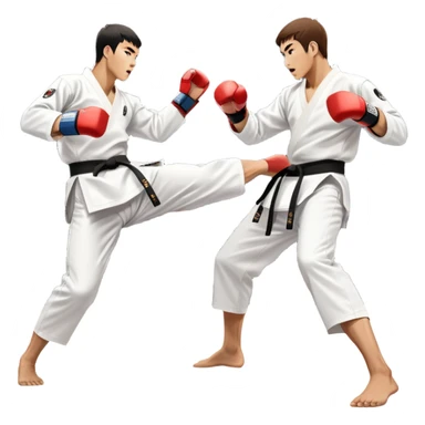 Two taekwondo fighters in traditional white doboks with black belts. One delivers a powerful kick, while the other defends by blocking with his knee. The background shows a professional arena with bright lights and an excited crowd. Transparent background highlights the intense action sticker