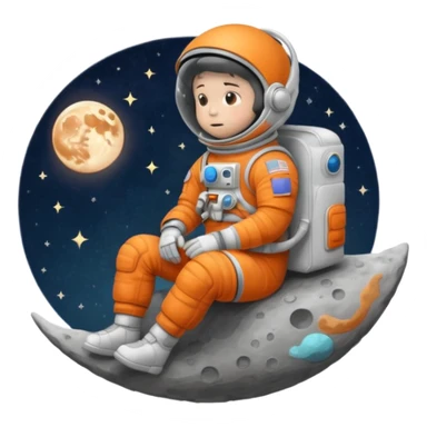 whimsical illustration of a cartoon astronaut, delicate render in soft hues, sitting on a tiny, moon, lost in thought, orange spacesuit, pop of color against the  celestial backdrop, subtle texture and gentle shading adding depth to the eerie vibe evoking a sense of wonder
 sticker