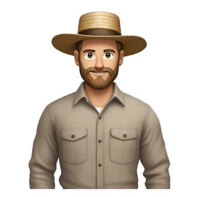 Amish brown straw hat and small beard without mustache white skin brown button down shirt whole body building a building one photo  sticker