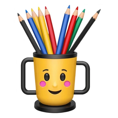 black pen holder cup with pencils and pens inside, emoji style sticker