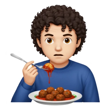 Ragazzo di 20 anni con capelli ricci scuri, leggermente arrabbiato che mangia 2 polpette  sticker