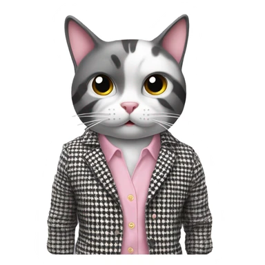The cat is wearing a stylish black and white houndstooth jacket and light pink pants. Its facial expression is surprised or concerned, with eyes wide open and mouth curved downward. The background should be plain white to emphasize the character. sticker