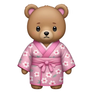 A cute light-brown bear wearing a pastel pink sakura-patterned kimono, normal balanced body ratio.  
Arms crossed with a slight pout, daring “wanna get scolded?” expression.  
Kawaii emoji style, minimalistic clean sticker illustration, white background.
 sticker