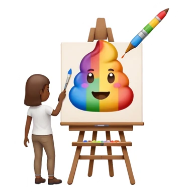 artist painting a rainbow poop emoji on an easel sticker
