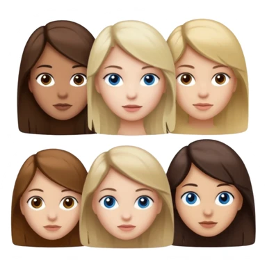 a group of 3 people where two are in the back one in the front -
1. Girl has white skin, brown hair, brown eyes
2. Girl has white skin, dirty blonde hair, blue eyes
3. Girl has tan skin, dark brown hair, dark brown eyes sticker